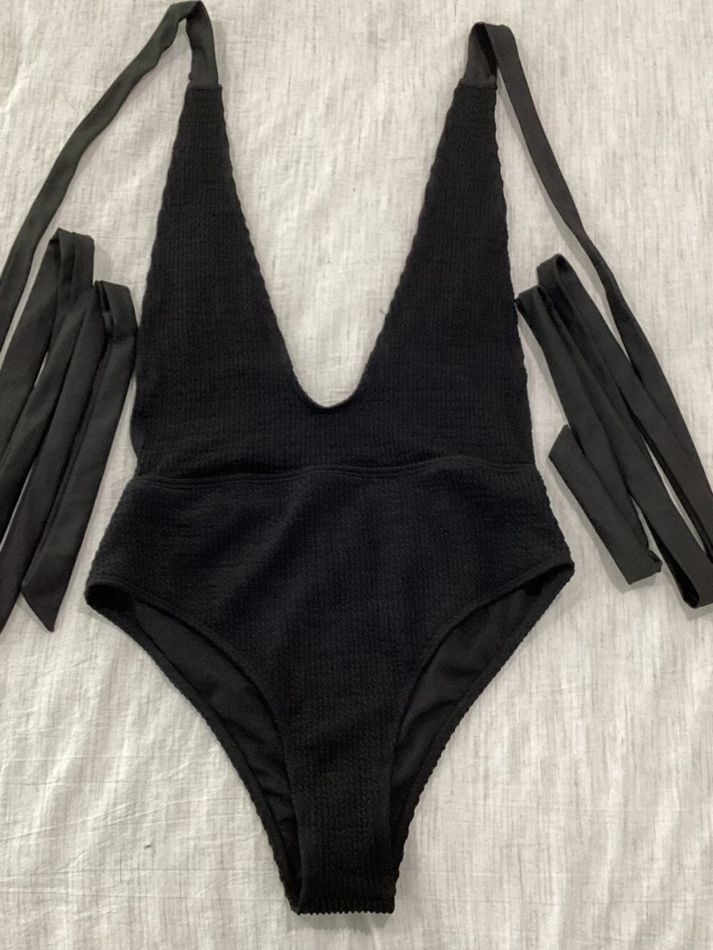Shein Black Textured Deep-V 1-piece Bathing Suit With Wrap Straps – Medium